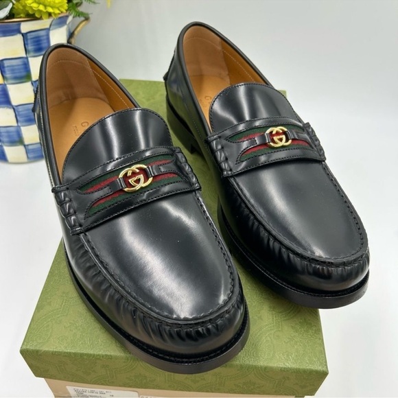 Men’s Gucci kaveh interlocking G web, leather loafer size 12 made in Italy - Picture 1 of 10